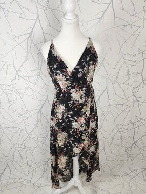 Essue Black Floral Print Strappy High Low Wrap Dress